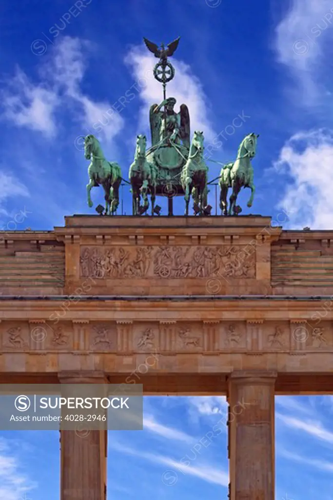 Berlin, Germany, Close-up of the Quadriga and columns of the Brandenburg Gate (Brandenburger Tor)