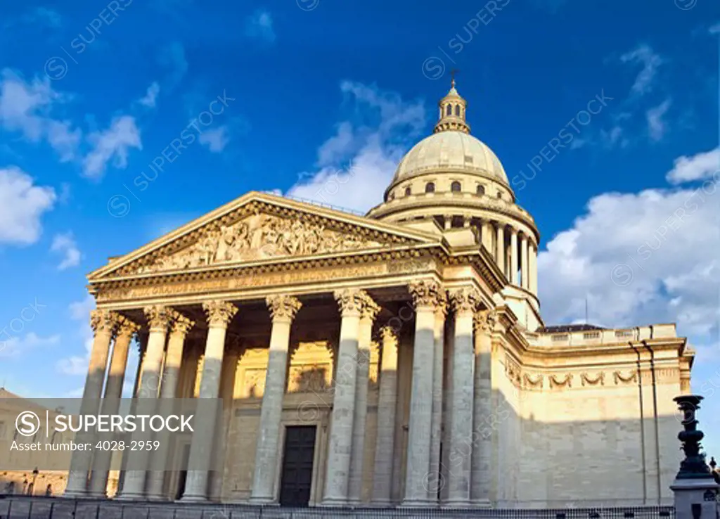 Paris, France, front upper facade of the Pantheon (Place des Grands Hommes), the former cathedral houses the remains of France's greatest citizens such as Hugo, Curie and Voltaire