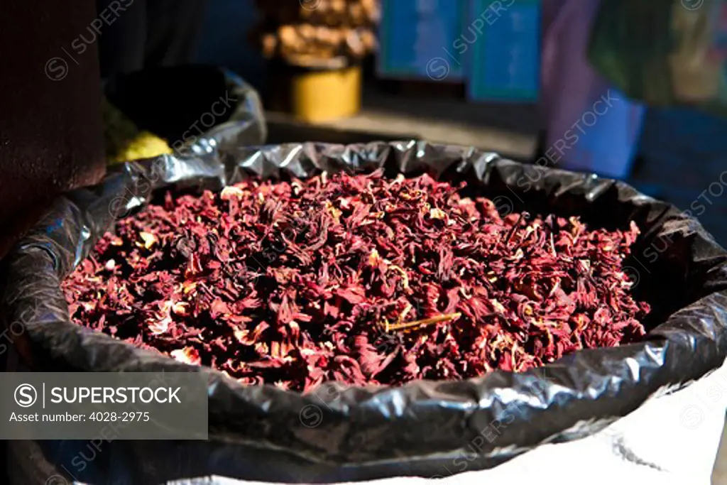 Dubai, United Arab Emirates, Souk Market, dried damask rose flower petals displayed at a vendor selling Spices.