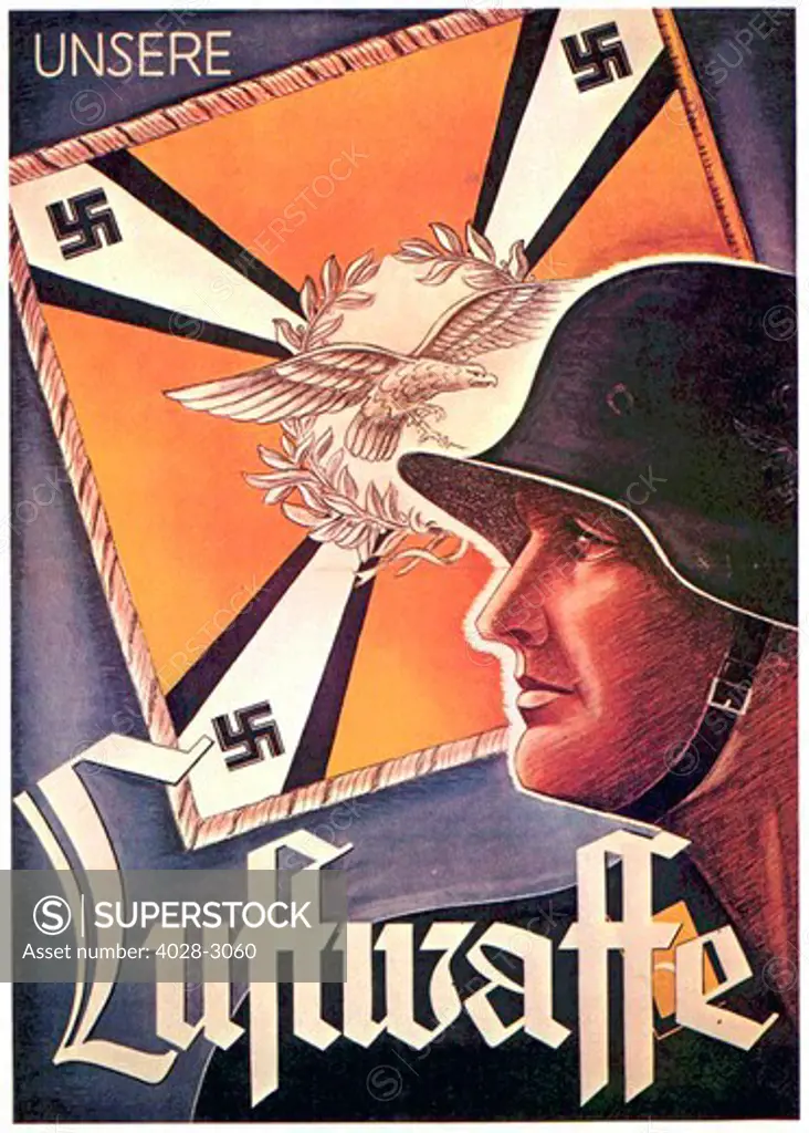 Berlin, Germany, Memorial to the German Resistance, German propaganda poster celebrating Our German Airforce (Unsere Luftwaffe) with an aryan soldier and flag complete with Swastikas