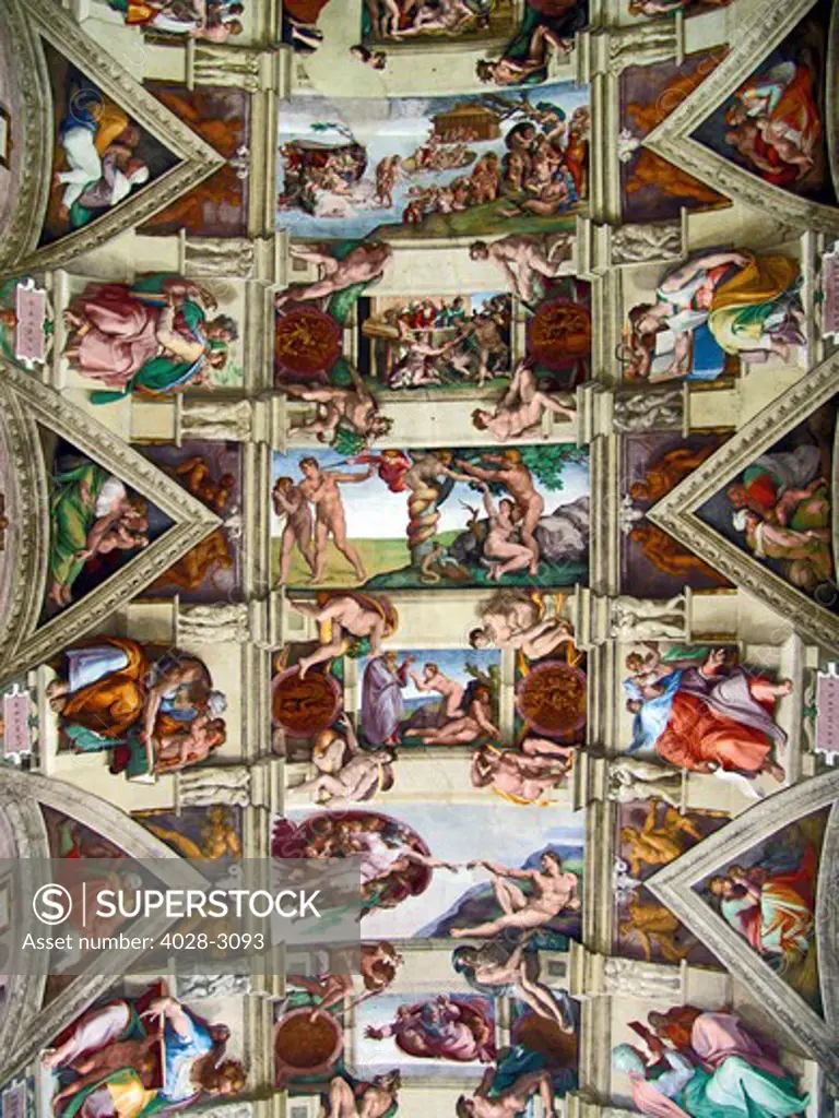 Entire Sistine Chapel ceiling by Michelangelo, Sistine Chapel, Vatican Museums, Vatican City, Rome, Italy.