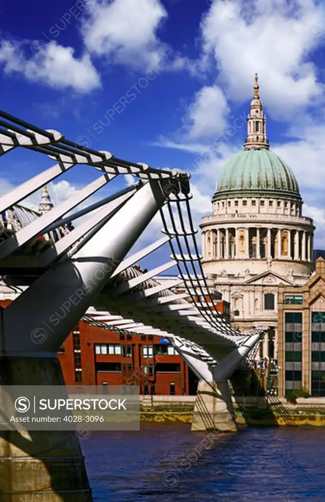 The Millenium Bridge over the Thames River with St Paul's Cathedral, London, England, Great Britian, United Kingdon
