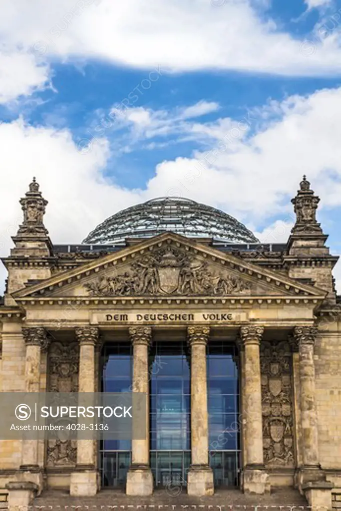 Close up of the the facade and dome of the Deutscher Bundestag, Reichstag, German parliament, Regierungsviertel government district, Berlin, Germany, Europe.