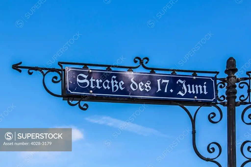 Germany, Berlin, Mitte, sign for the 17th of June Street (strasse des 17. Juni) which is the main street of Berlin running to the Brandenburg Gate through the heart of the Tiergarten Park and the Victory Column (Siegessaule) monument
