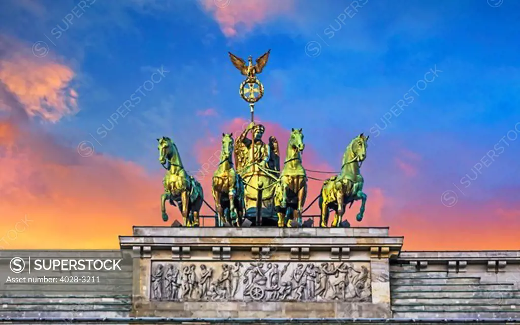 Berlin, Germany, Close-up of the Quadriga atop the Brandenburg Gate (Brandenburger Tor).