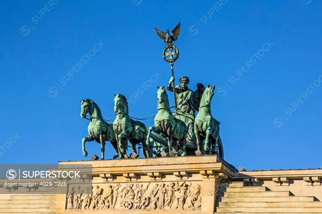 Berlin, Germany, Close-up of the Quadriga atop the Brandenburg Gate (Brandenburger Tor).