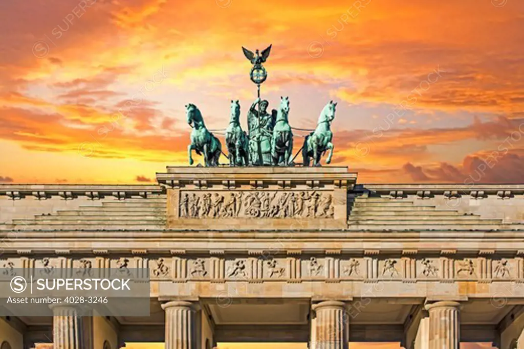 Berlin, Germany, Close-up of the Quadriga atop the Brandenburg Gate (Brandenburger Tor) at sunset.