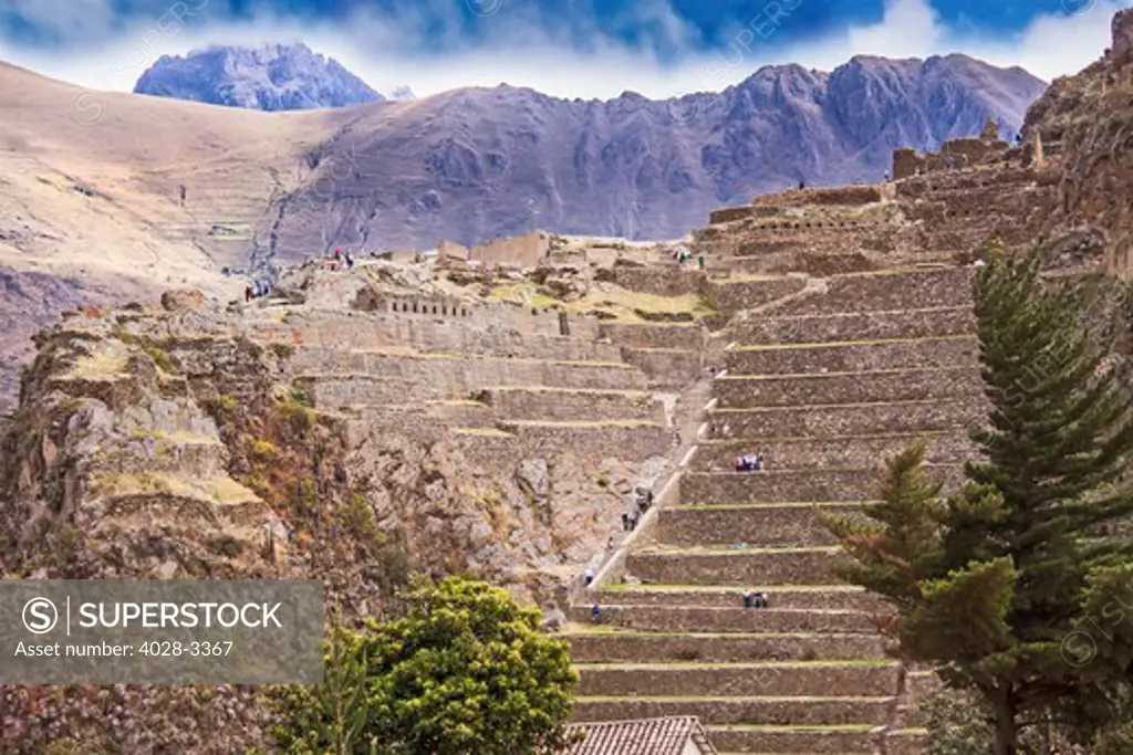 Ollantaytambo, Urubamba valley, Sacred Valley Peru, Ancient ruins of the fortifications viewed from the base of the historic village of Ollantaytambo ruins of the Incan civilization