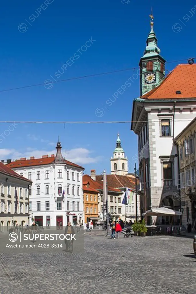 The old town cobble stoned streets of Ljubljana, Slovenia with Baroque fountain with obelisk at Cathedral Square