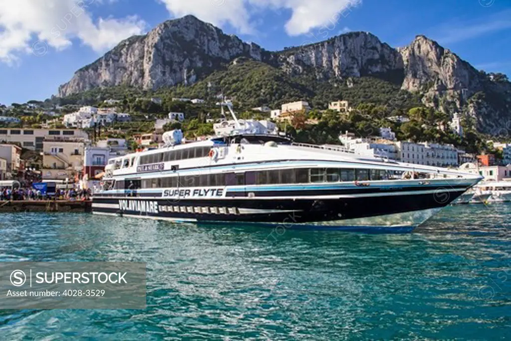 High speed ferry the HSC Super Flyte docked at the Marina Grande, Island of Capri, Bay of Naples, Campania, Italy