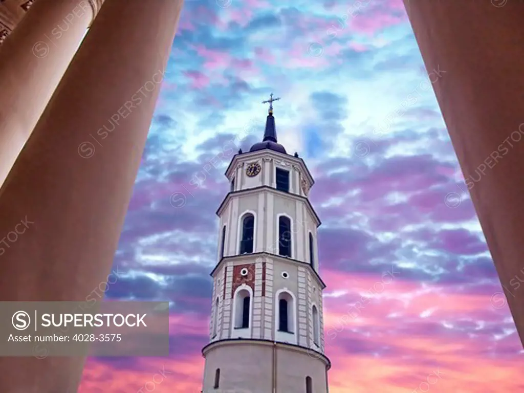 Lithuania, Lietuva, Vilnius, Baltic States, Bell Tower of the Arch-Cathedral Basilica at Cathedral Square at sunset