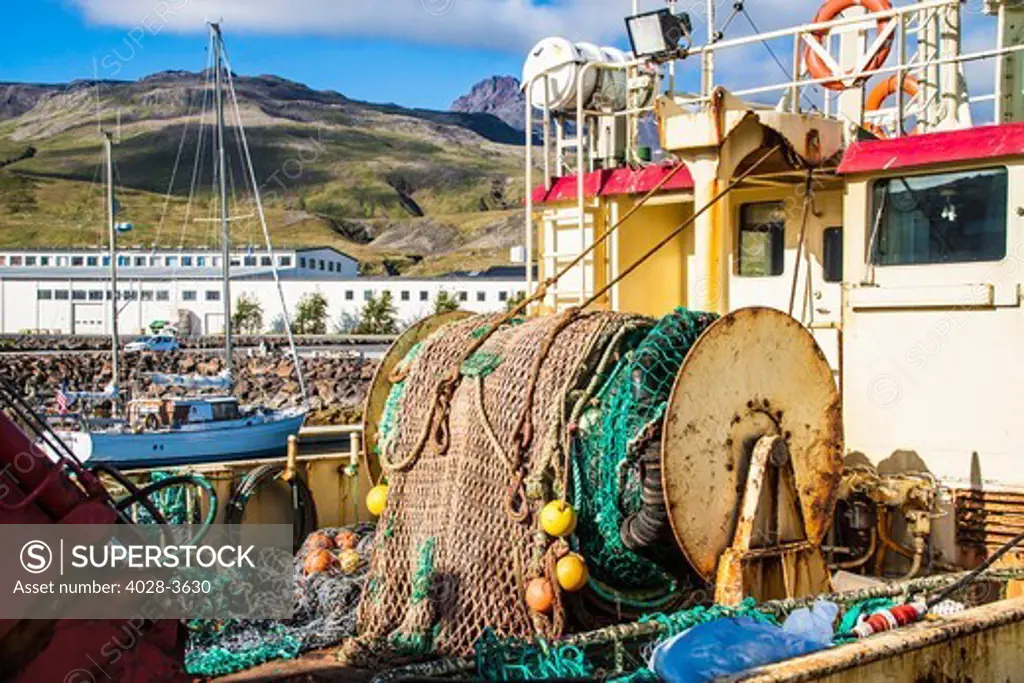 Iceland, Snaefellsnes Peninsula, Grundarfjordur Harbor Trawler Nets