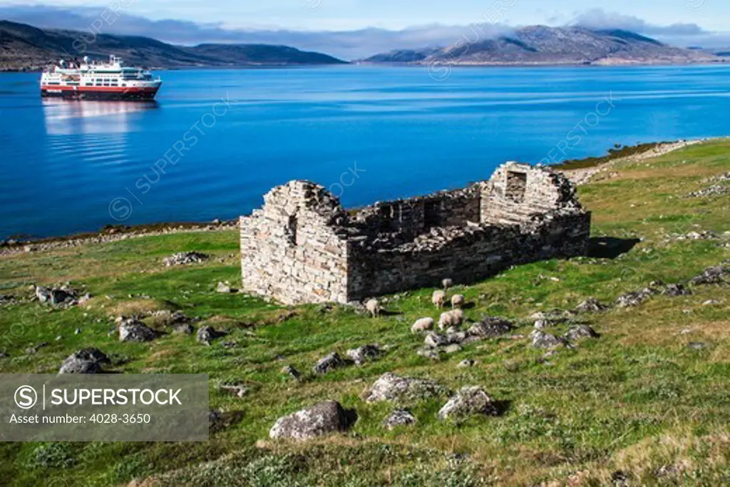 Greenland, Hvalsey, Ruins of a 14th century church built by Vikings, Norsemen. said to be the oldest church in North America, Cruise ship in background