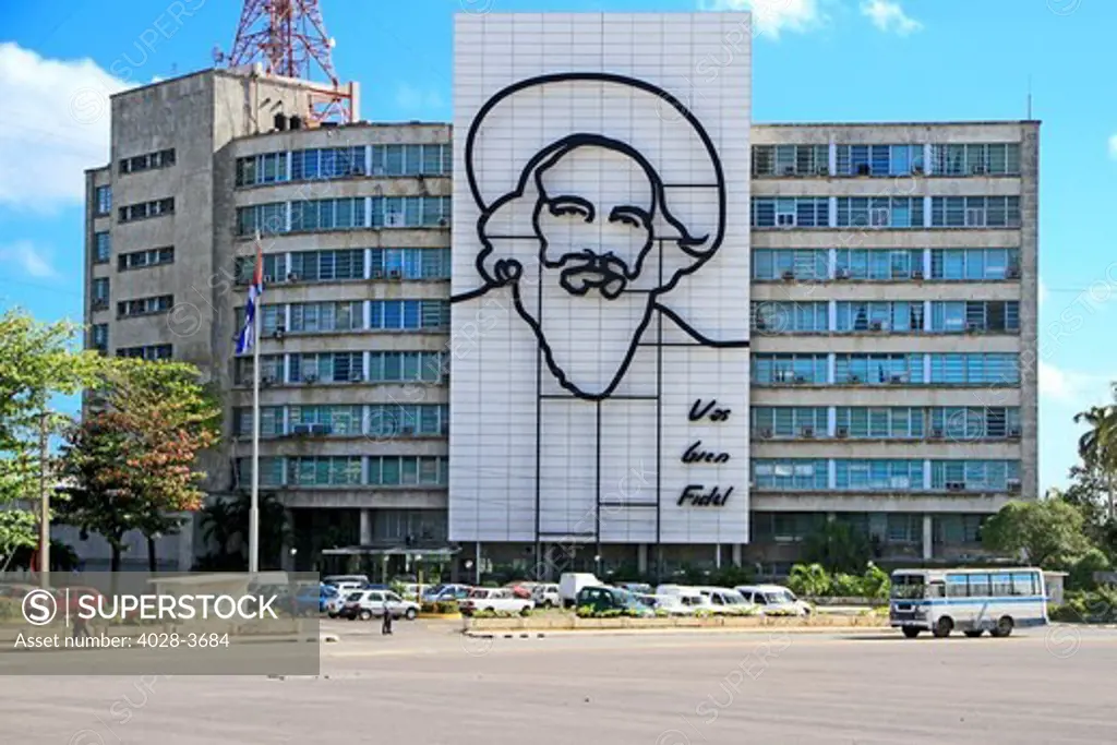 Cuba, Havana, Vedado, Plaza de la Revolucion, iron portrait of Camilo Cienfuegos on a building