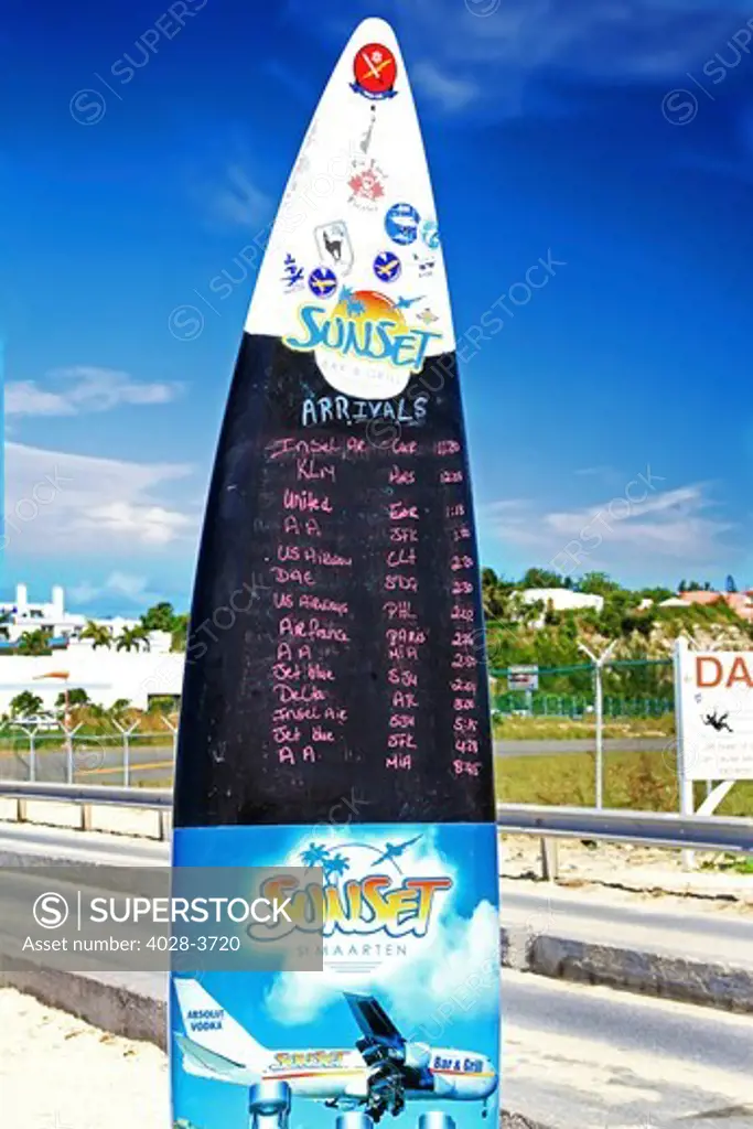St Martin, Netherland Antilles, Maho Beach, Airplane landings St Martin Maarten Caribbean Island, Surfboard schedule for arrivals