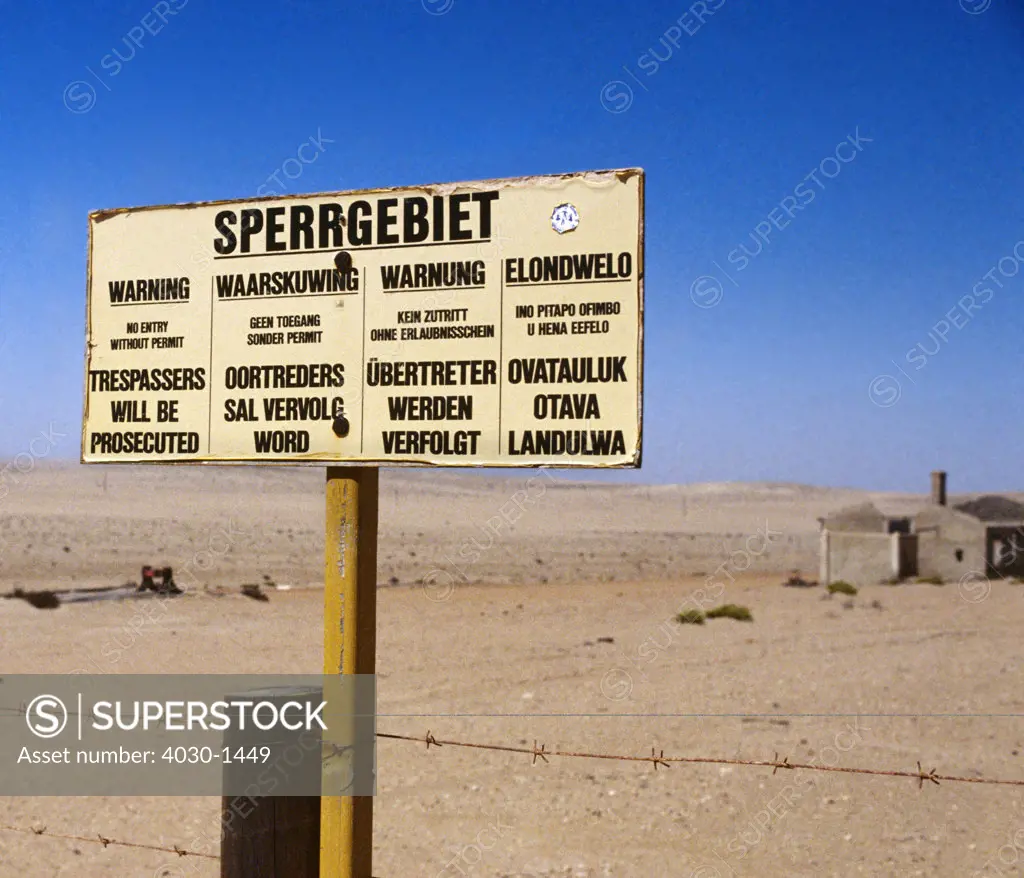 Diamond area warning sign, Kolmanskop, Namibia, Africa