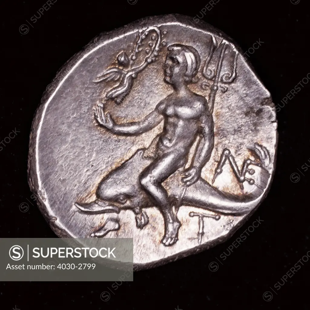 Rare Ancient Greek Coin, Calabria, Tarentum, Taras riding a dolphin holding a trident, Nike above with a Wreath Crown