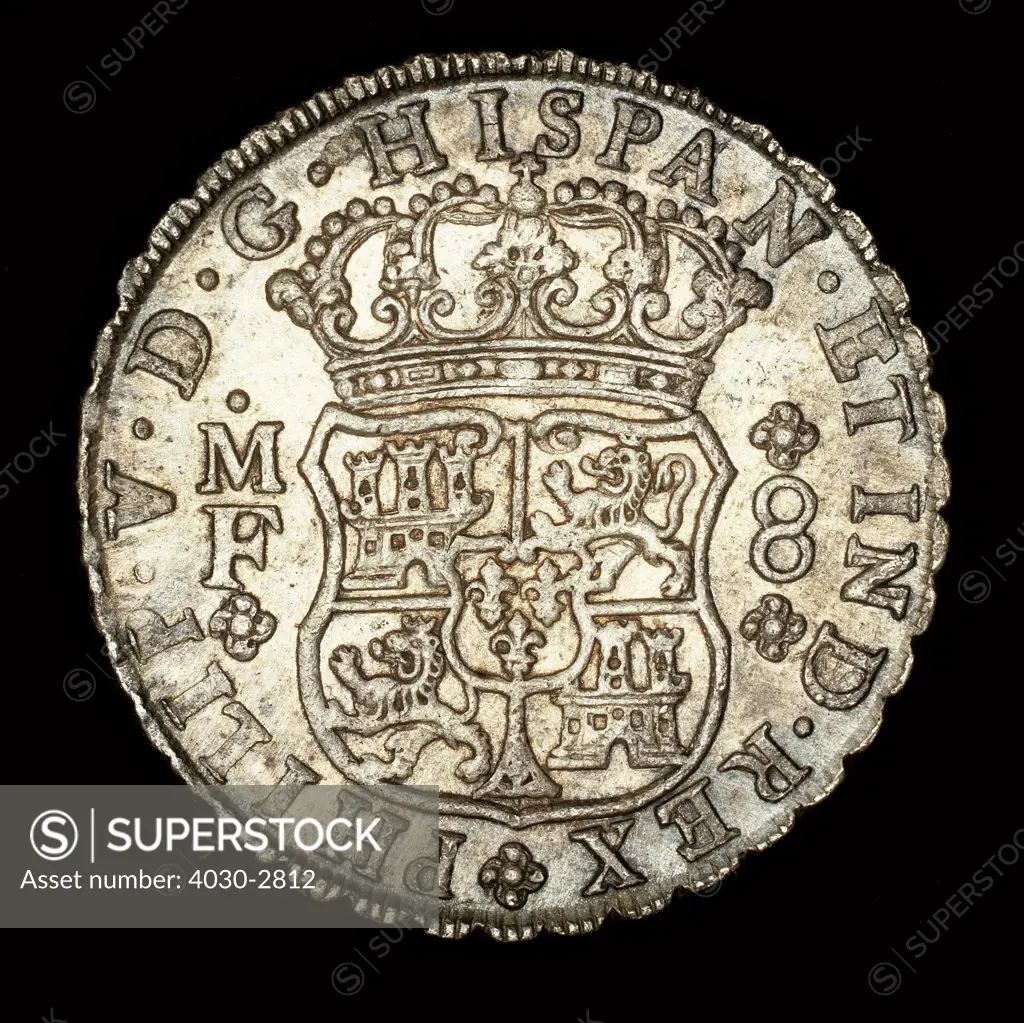 Rare Silver Coin, Spanish America King Ferdinand VI, 8 Reale, Crowned Shield with Spanish Arms 1740