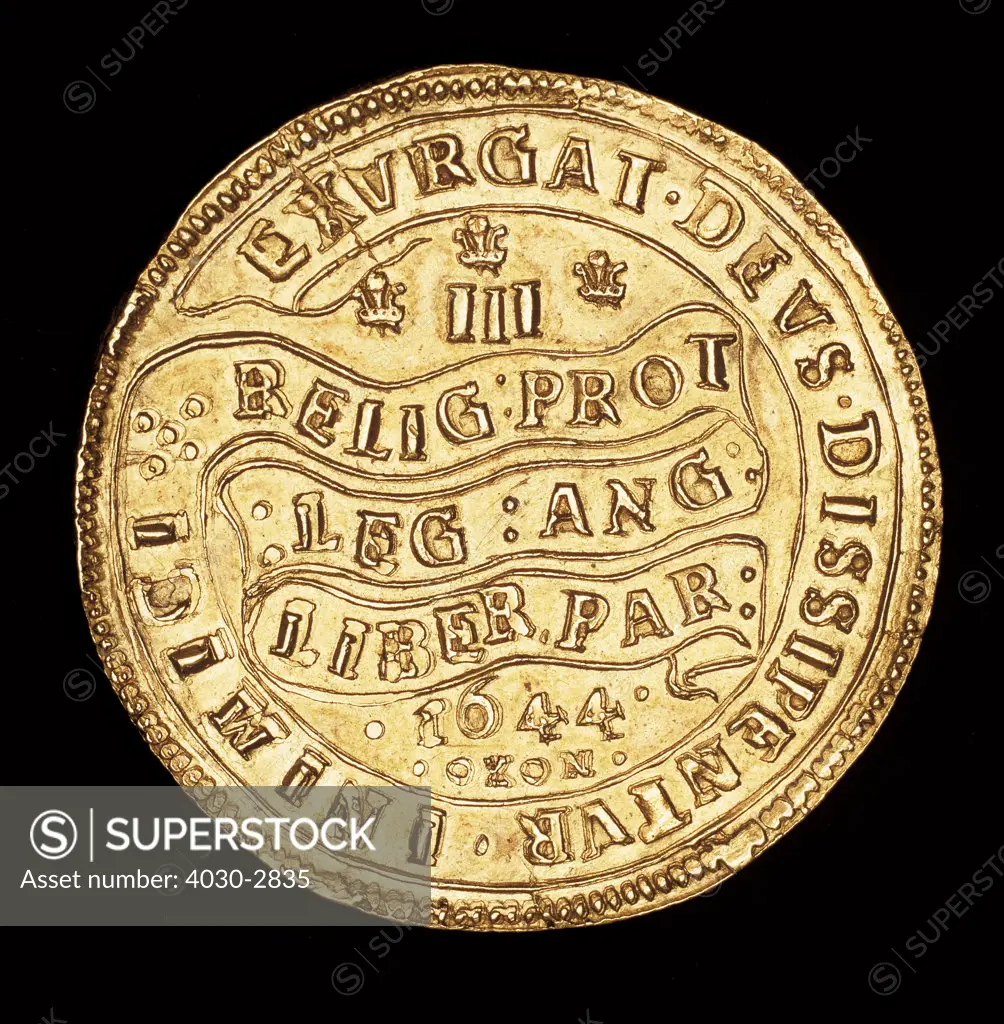 Rare Coin, Great Britain, Oxford Crown, King Charles I, Banner : The Religion of the Protestants, The Laws of England, The Liberty of Parliament (from Latin), 1644 Struck at Oxford 1644