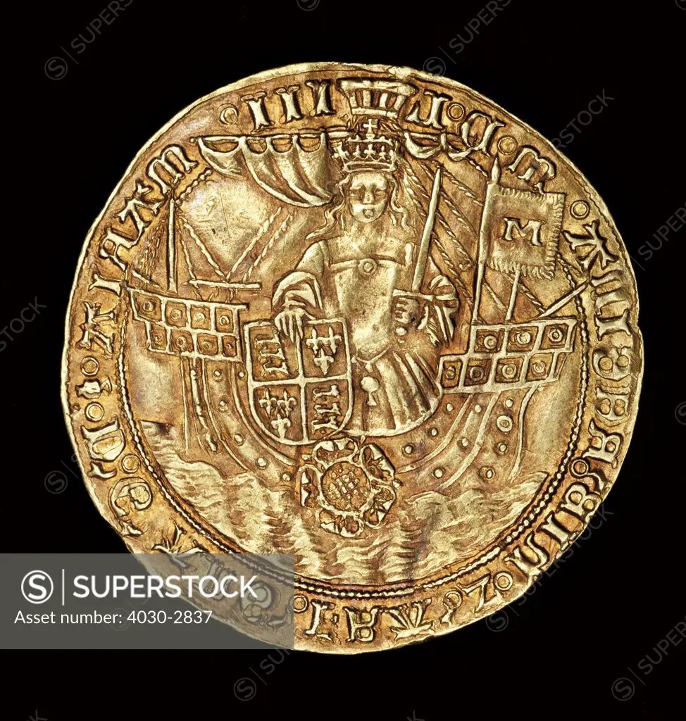 Rare English Coin, Gold Ryal, Queen Mary (Bloody Mary) in ship with sword and shield, 1553-1554