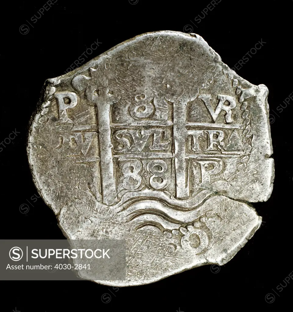 Rare Silver Coin, Spanish America King Charles II, 8 Reales (Pieces of Eight) struck Potosi Mint, Alta Peru (Bolivia) 1688