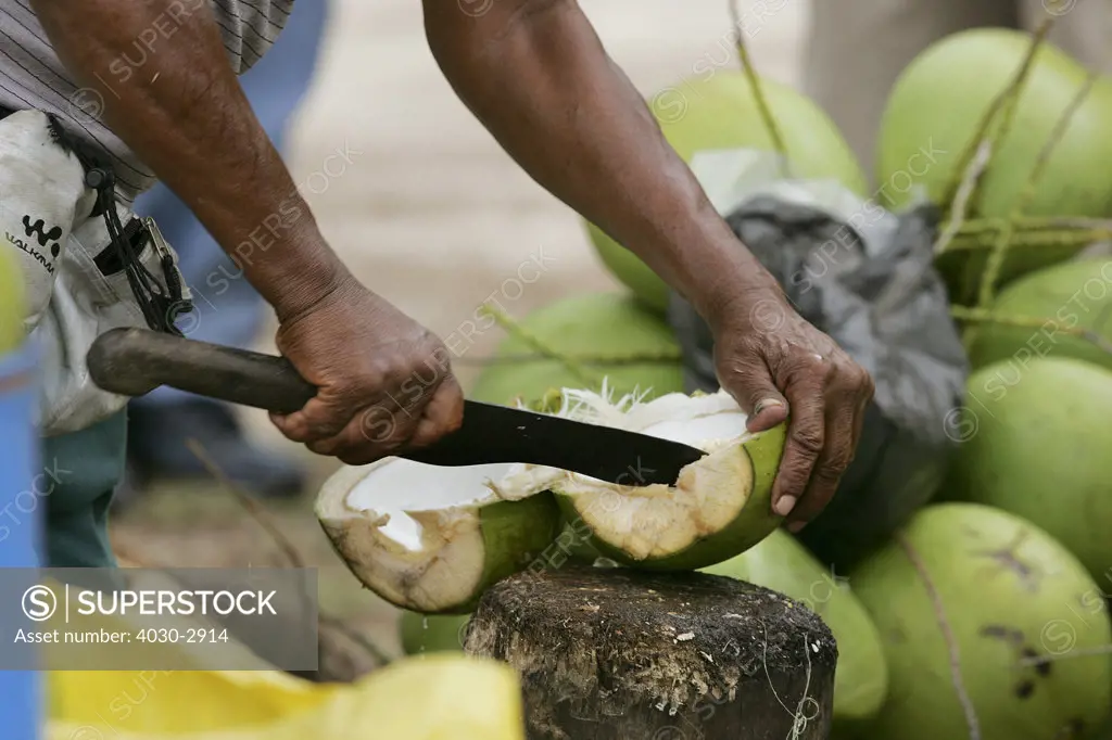 Man preparing coconuts into a local drink, Coconut Stall on the public beach, Belle Mare, East Coast, Mauritius