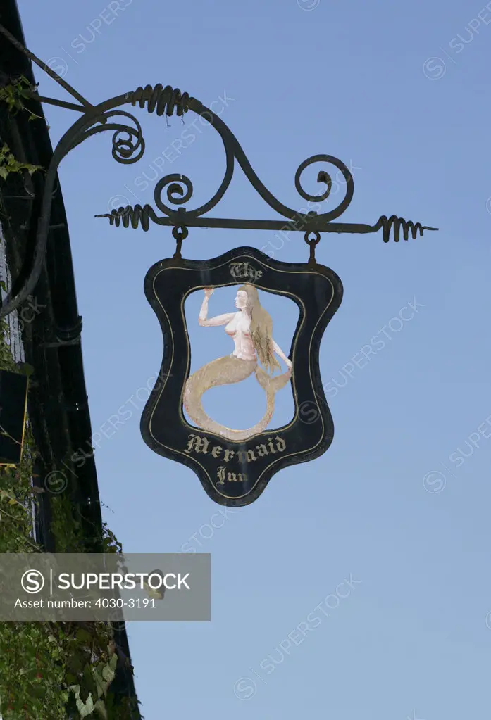 Sign at the Mermaid Inn, a historical hotel in Rye, Sussex, United Kingdom. Originally dating back to 1156