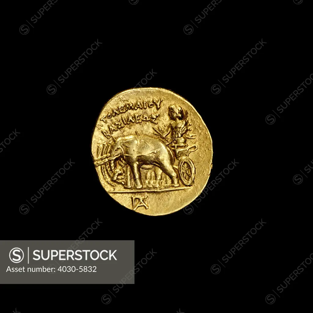Ancient Egyptian coin depicting Alexander the Great driving a quadriga of elephants, 304-283BC
