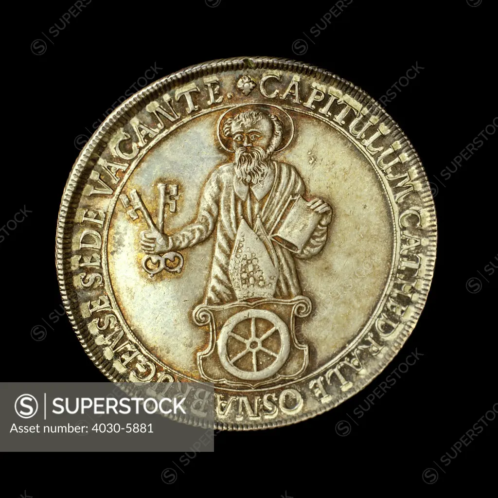 German Coin depicting full length figure of St. Peter, Patron Saint of the Bishopric, 1698-1715 AD