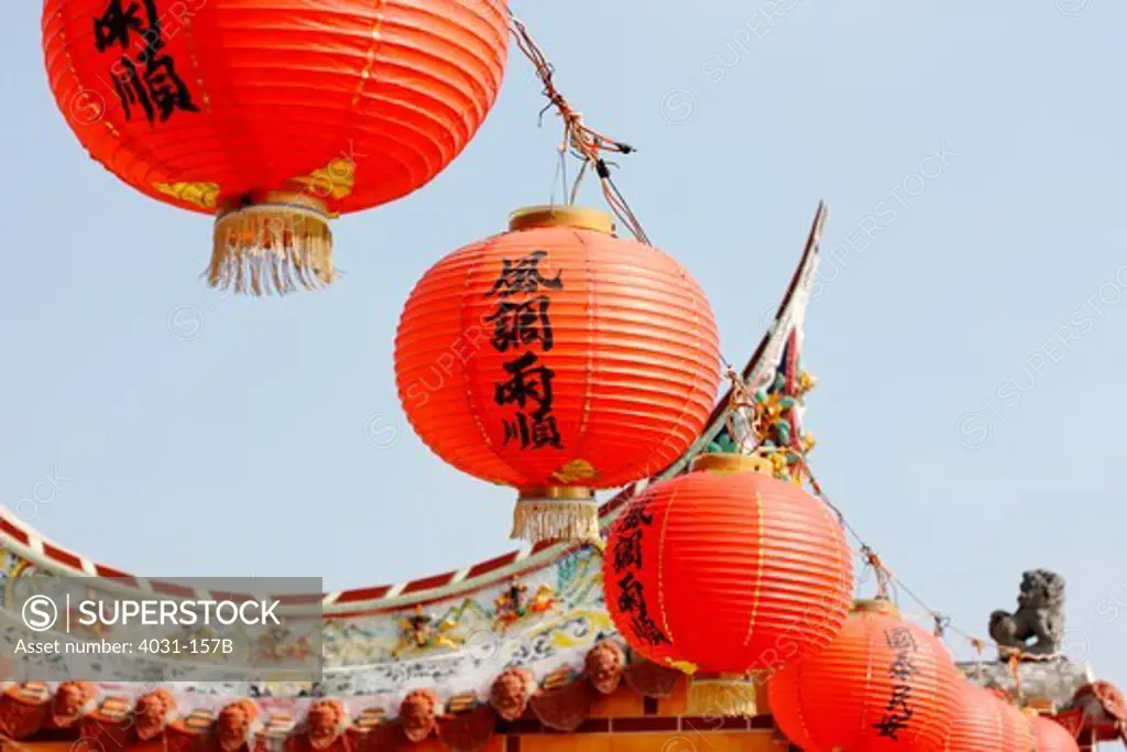 Chinese lanterns hanging in front of a temple, God of War Temple, Taiwan