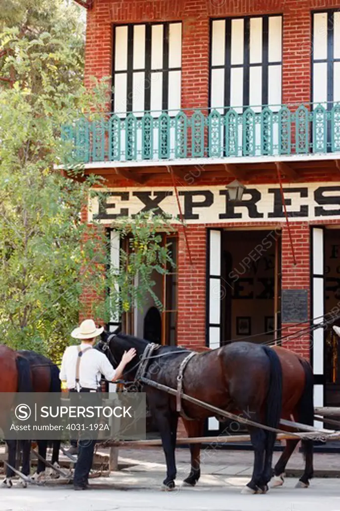 Man with a stagecoach in front of a bank, Wells Fargo and Company, Columbia State Historic Park, Columbia, Tuolumne County, California, USA