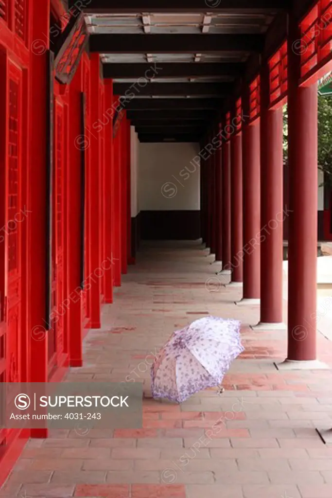 Umbrella in the corridor of a shrine, Koxinga Ancestral Shrine, Tainan, Taiwan