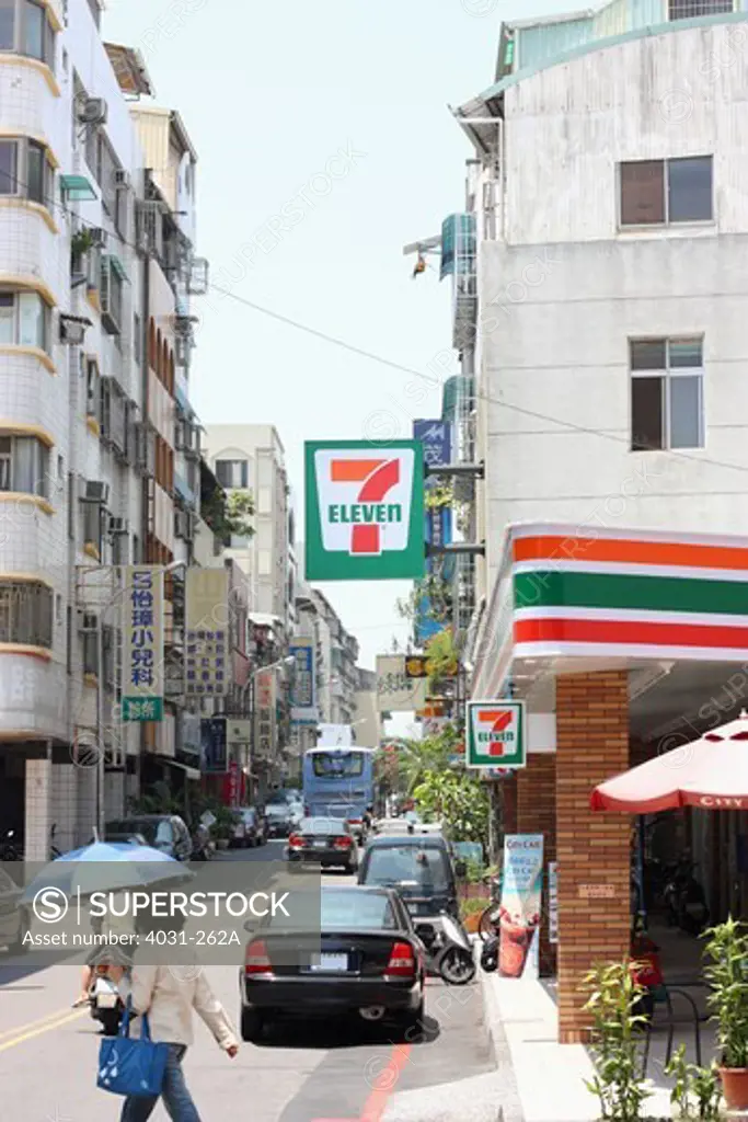 Street scene of a city, 7-Eleven, Tainan, Taiwan