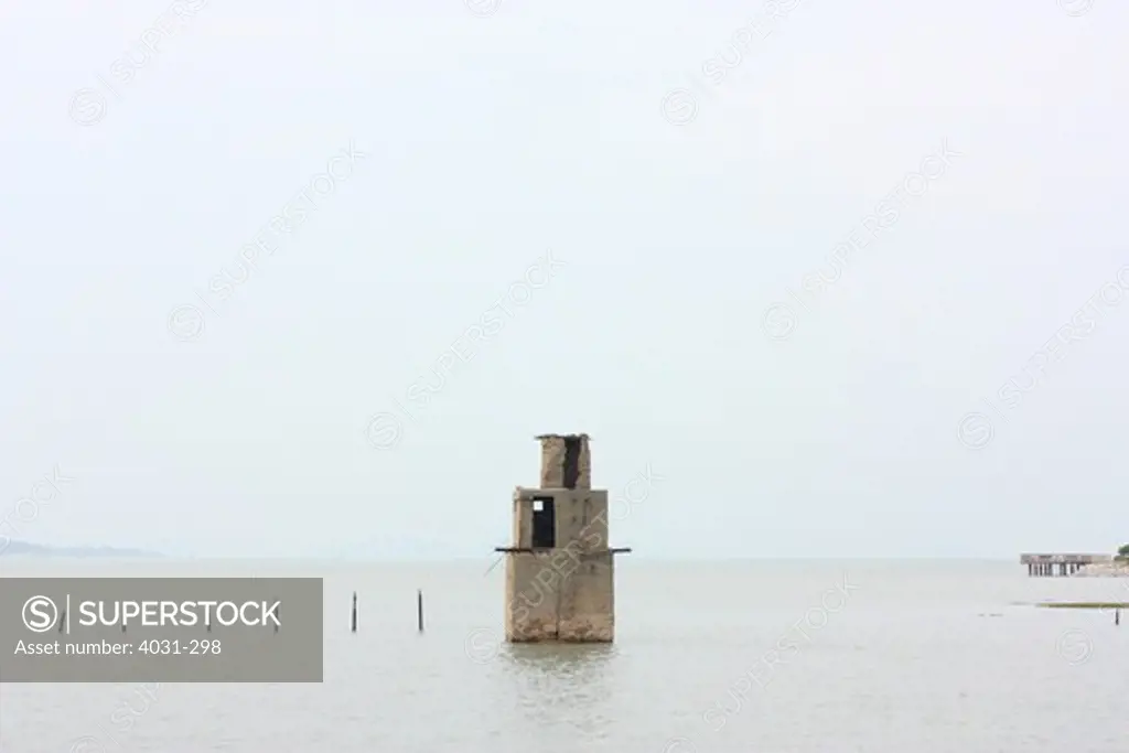 Taiwan, Kinmen County, Jincheng, Old military bunker during high tide