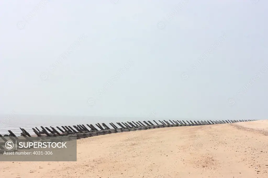 Taiwan, Kinmen County, Jincheng, Anti-landing barriers on beach near Triangle Fort