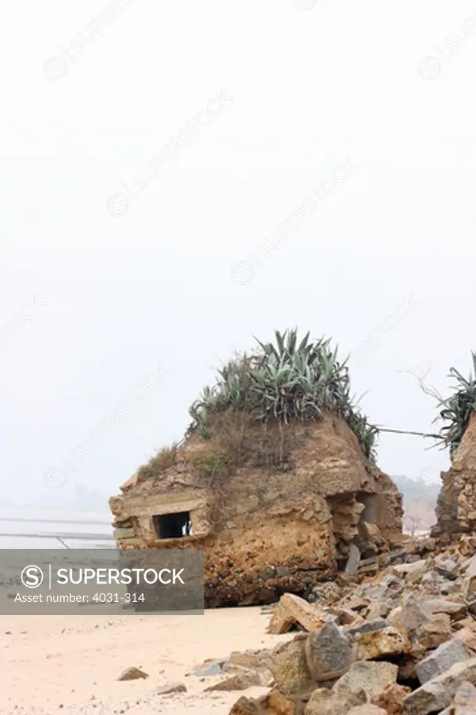 Taiwan, Kinmen County, Jincheng, Old military bunker on beach