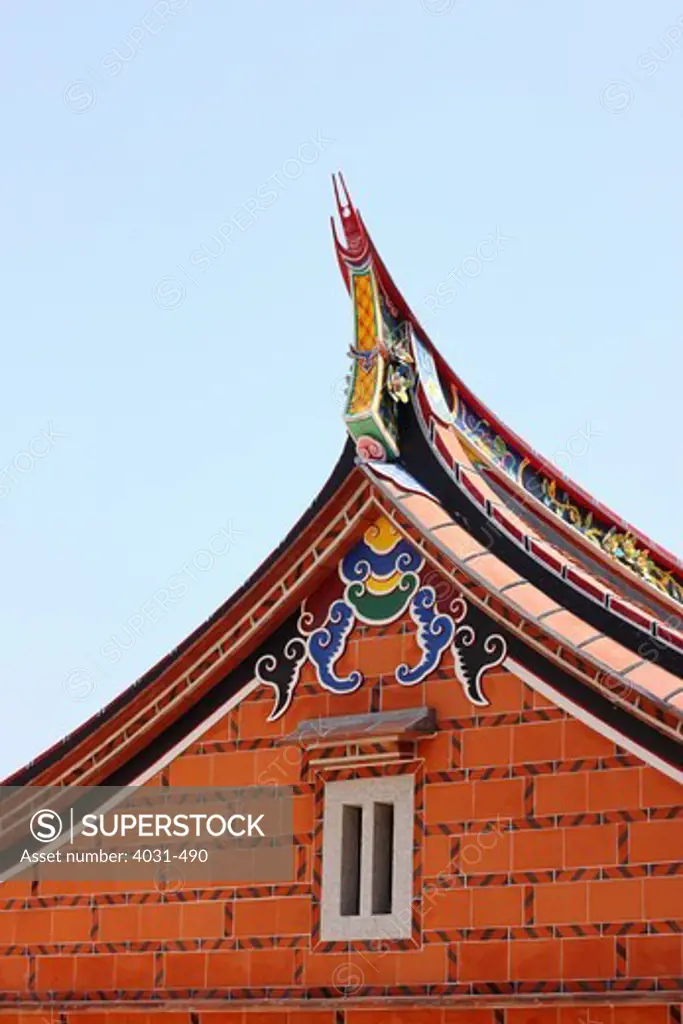 Taiwan, Kinmen County, Shuitou Village, Detail of old restored house with swallow tail style architecture