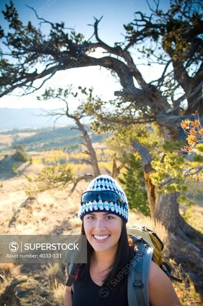 Portrait of female hiker smiling, Bozeman, Gallatin County, Montana, USA