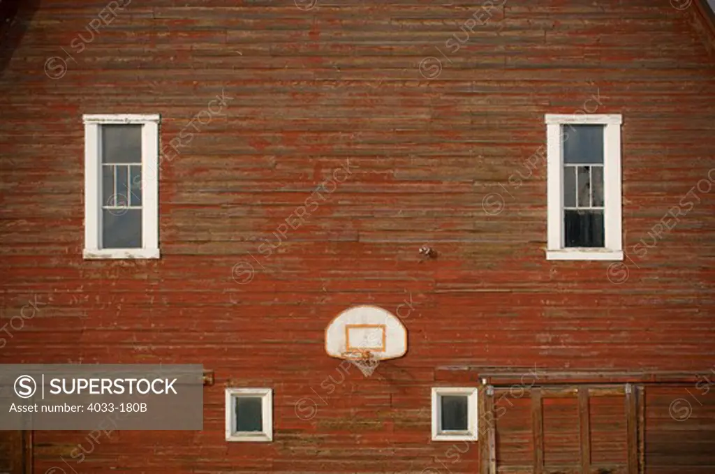 Basketball hoop attached on the wall of a barn, Bozeman, Gallatin County, Montana, USA