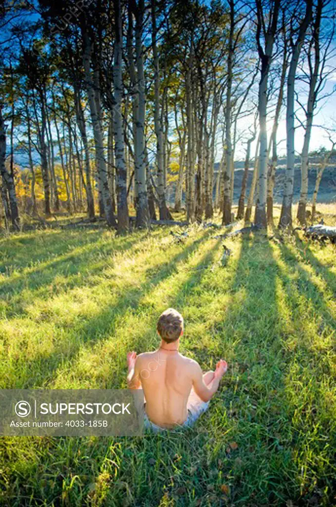 Young man practicing yoga in a field, Bozeman, Gallatin County, Montana, USA