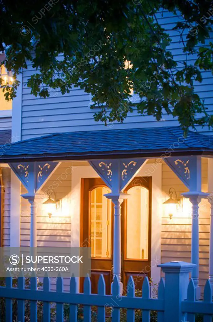 House lit up at night, Jamestown, Rhode Island, USA