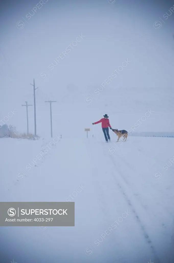 Woman walking with her dog in snow, Bozeman, Montana, USA