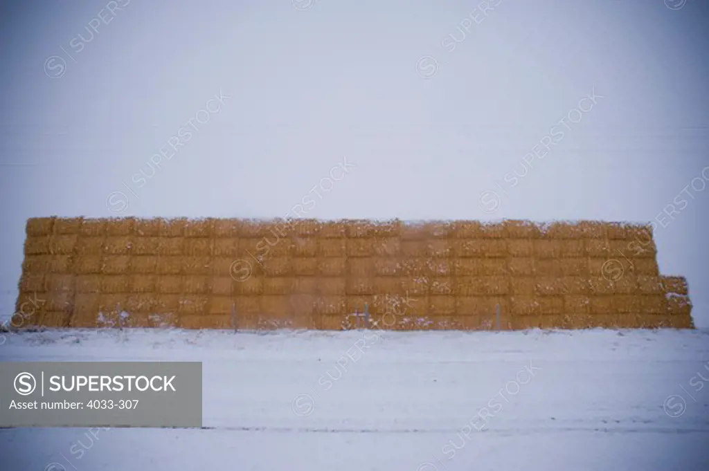 Haystacks at the roadside in snow, Bozeman, Montana, USA