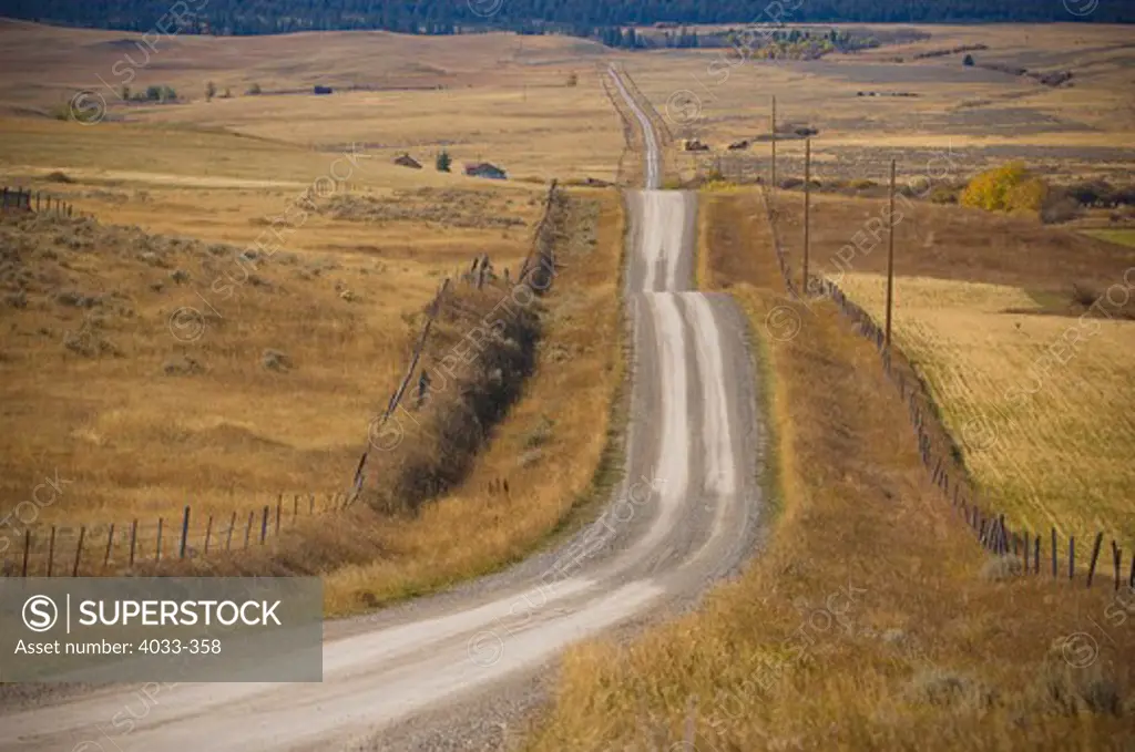 Dirt road passing through fields, Bozeman, Montana, USA