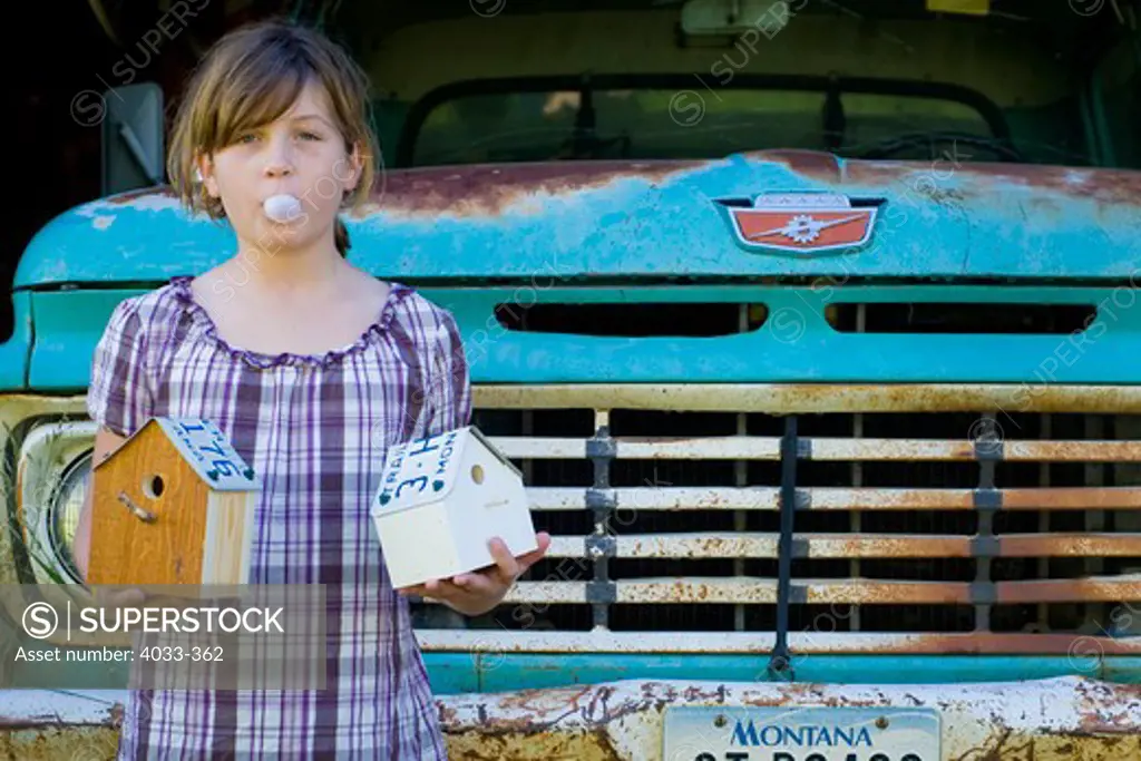 Girl blowing bubble gum and holding birdhouses in front of a rusty pick-up truck, Bozeman, Montana, USA