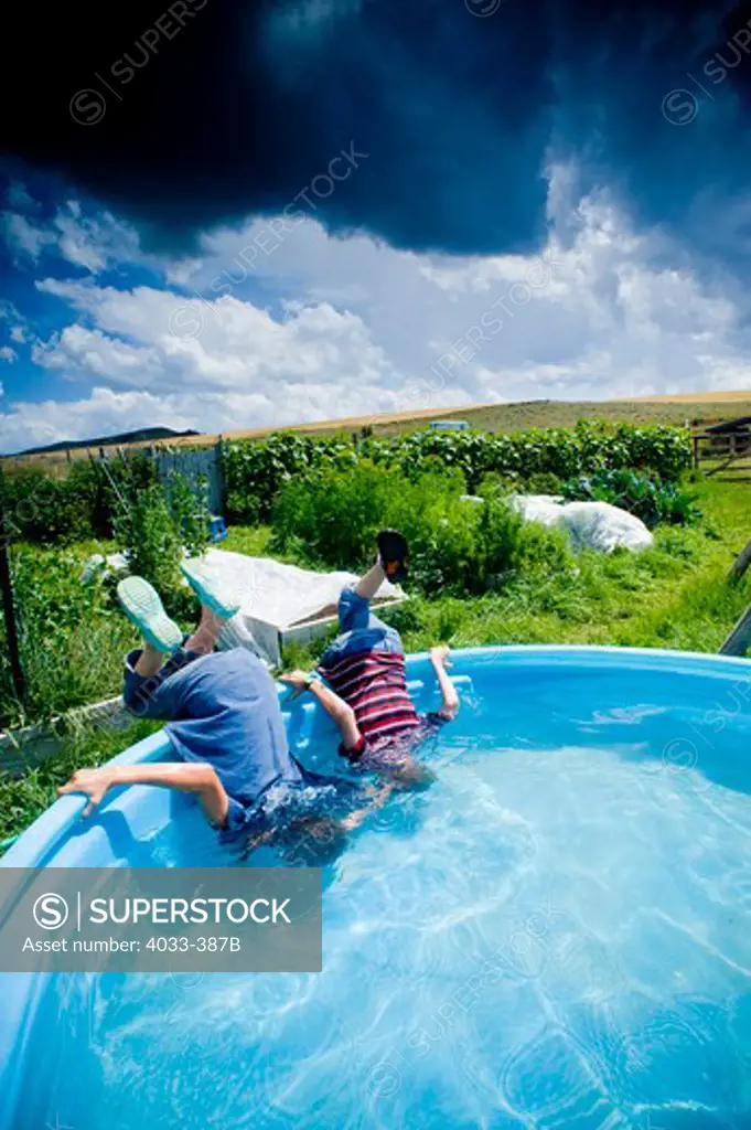 Boys sticking their heads in a backyard pool, Bozeman, Montana, USA