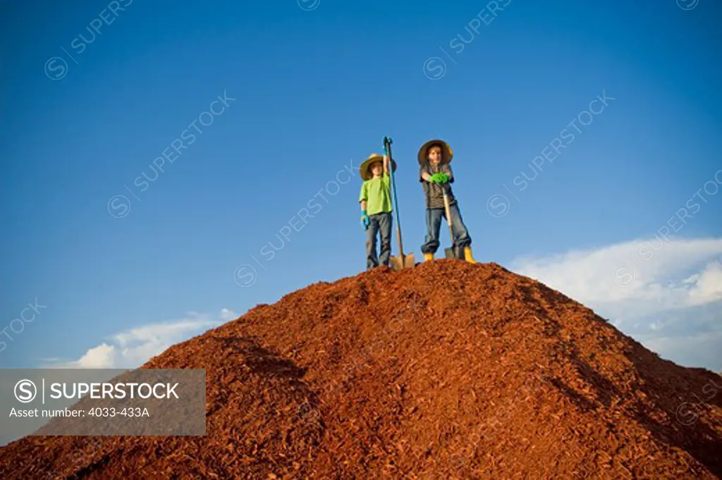 Boy and a girl standing on a heap of dyed wood chips
