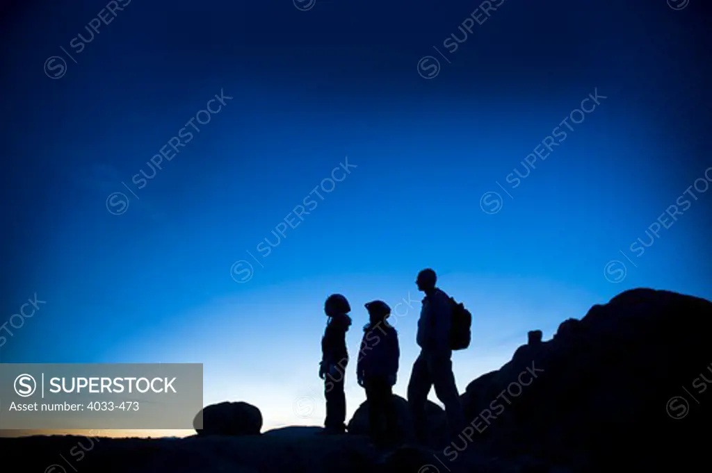 Silhouette of a man with his children, Joshua Tree National Monument, California, USA