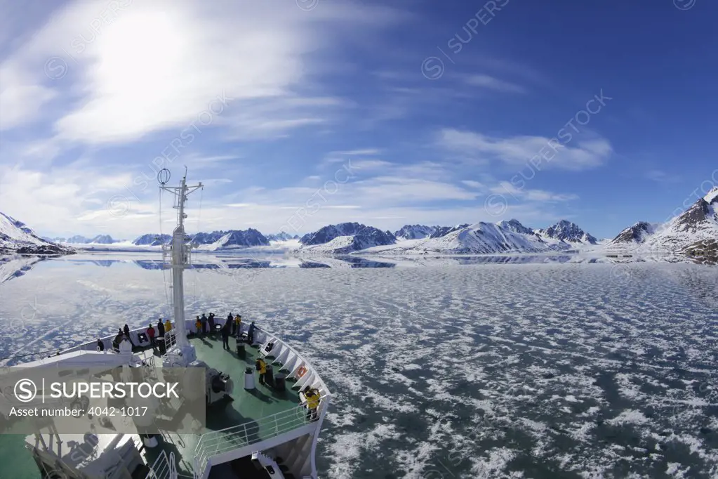 Tourists on Akademik Sergey Vavilov cruise ship, Monaco Glacier, Liefdefjorden, Spitsbergen, Svalbard Islands, Norway