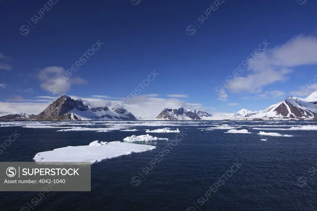 Pack ice in fjord in summer, Hornsund Fjord, Spitsbergen, Svalbard Islands, Norway